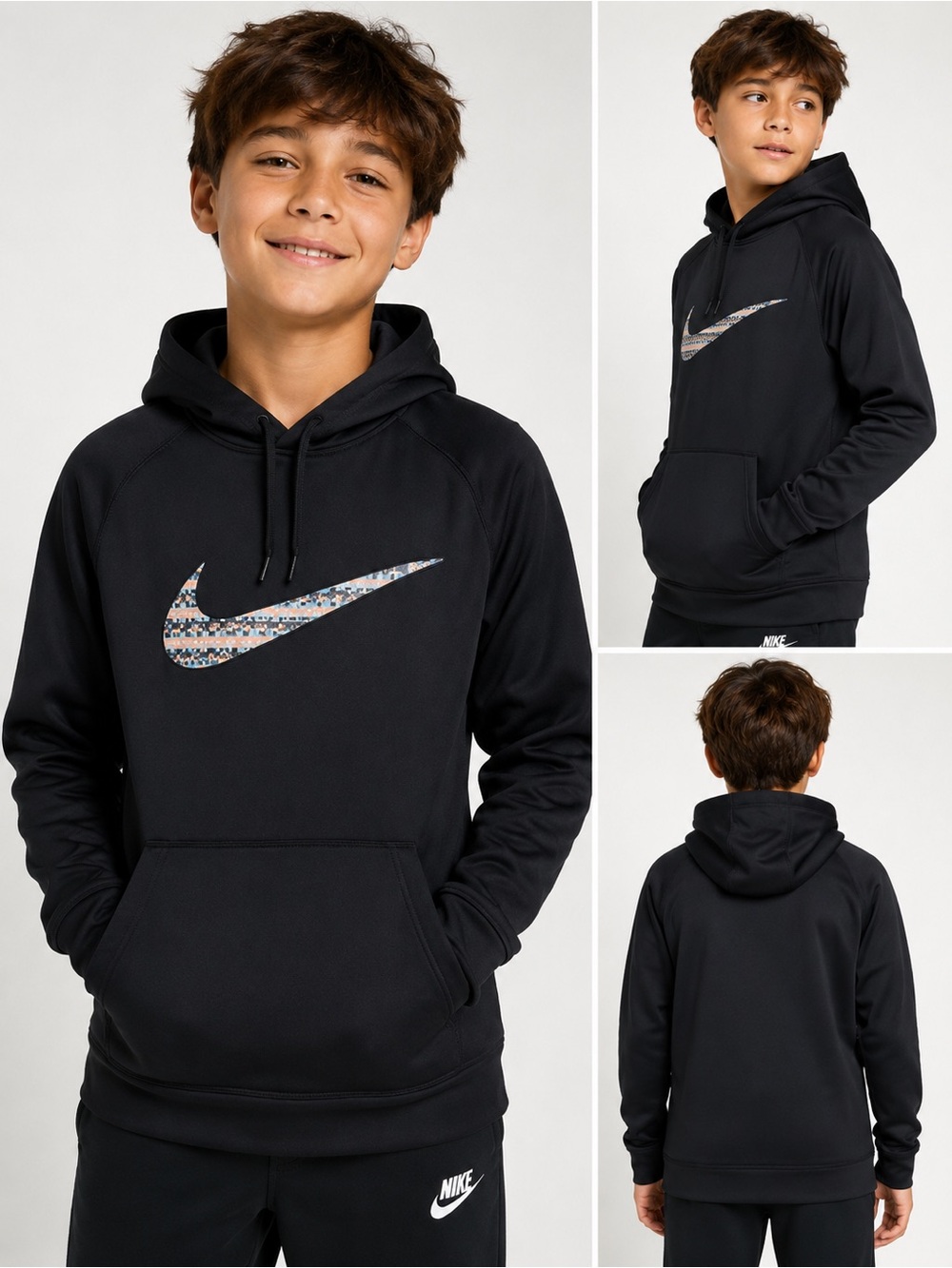 Nike Therma-FIT Youth Small Hoodie Black Geometric Swoosh Pullover